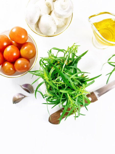Close up of fresh ingredients on wooden table